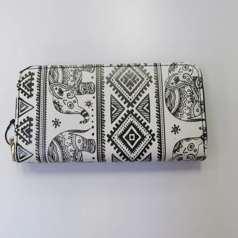 Black & White Elephant Print Ladies Zippered Long Wallet Vegan Leather NEW You - Picture 3 of 4